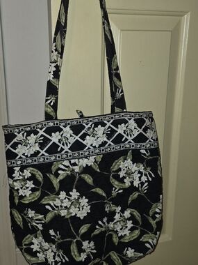 Vera Bradley Floral Quilted Black Tote Bag with White Blossom Print